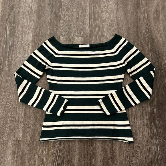 H&M Green Cream Black Striped Off-Shoulder Knit Top Long Sleeve Stretch Pullover - Picture 5 of 9